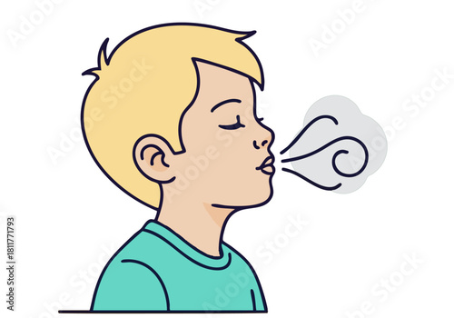 A cheerful young boy blows a bubble of fresh air, conveying a sense of cleanliness and vitality. Simple, modern illustration with bright colors.