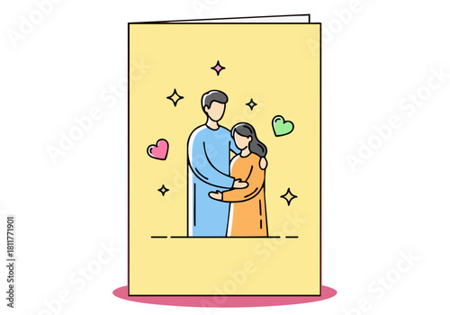 cheerful card note illustration featuring a couple embracing  Bright yellow background with stylized line art Perfect for greeting cards and social media  Modern heartwarming design