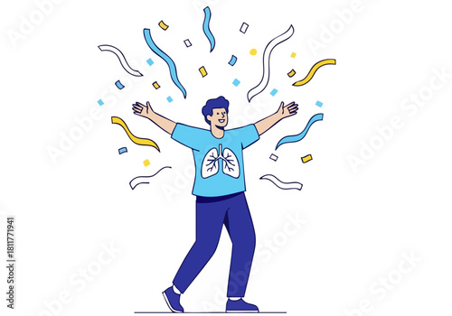 joyful  man celebrates lung health with an exuberant gesture He wears a graphic t-shirt showcasing lungs surrounded by colorful confetti Energetic and positive illustration