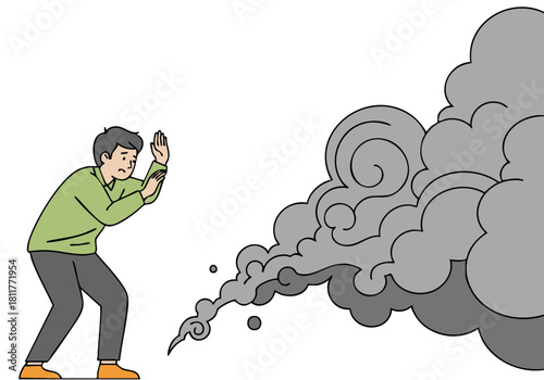 A man recoils from a billowing cloud of smoke, illustrating the dangers of secondhand smoke. Clear, impactful illustration with a minimalist style.