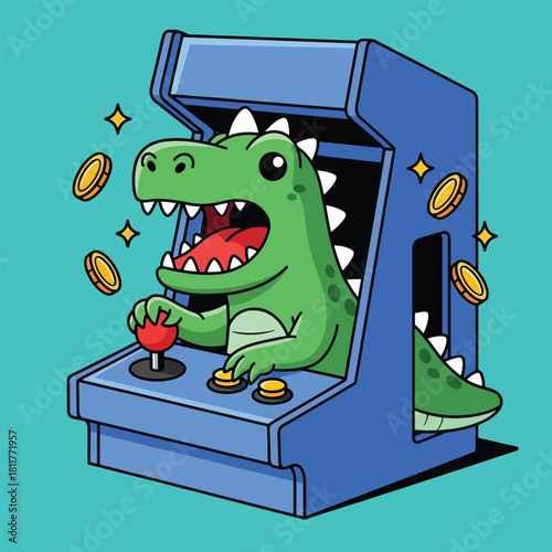 Cartoon green dinosaur playing retro arcade game with floating coins and sparkles.