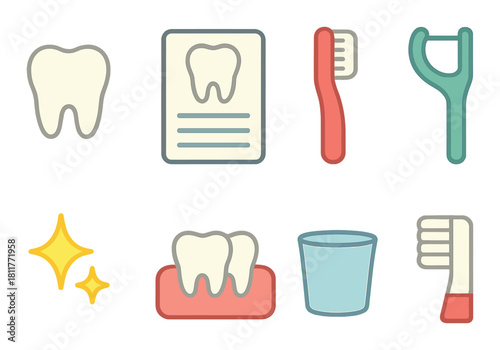 Dental icons: tooth, toothbrush, floss, and sparkle symbols on gradient background