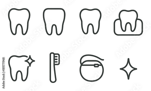 Minimalist dental care icons: tooth, brush, floss, sparkle design on green background