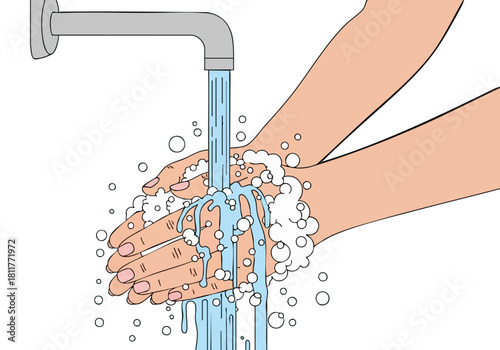 Hands washing in a sink with running water and bubbles. Clean, bright illustration promoting hygiene. Ideal for health and wellness visuals.