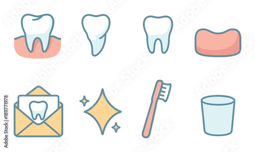 Dental care icons: gum health, tooth shape, toothbrush, and oral hygiene tools