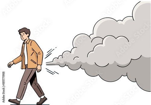 A man recoils from smoke, illustrating the dangers of secondhand smoke. Clean, graphic illustration with a bright blue background. Avoid smoke clear.