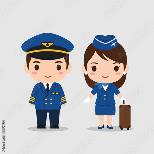 Cartoon pilot and flight attendant characters in blue airline uniforms.