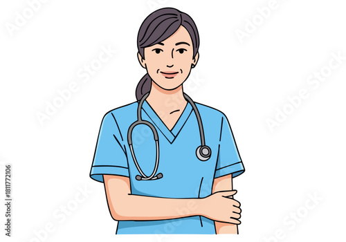 A smiling nurse listens attentively, wearing scrubs and a stethoscope. ?Nurse Listen Heart? text overlay. Clean, modern illustration style.