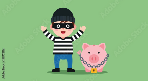 Cartoon Thief with Striped Shirt and Piggy Bank Secured by Chain.