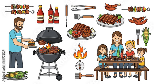 Family outdoor barbecue party with grilling and dining enjoyment in a summer setting