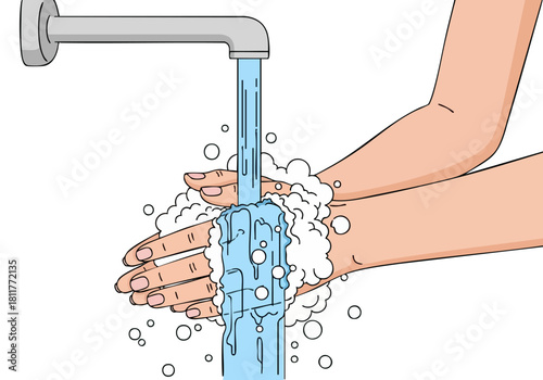 A person washes hands under a running faucet with soap, demonstrating proper hygiene. Clean, bright, and informative illustration. Ideal for health and wellness campaigns.