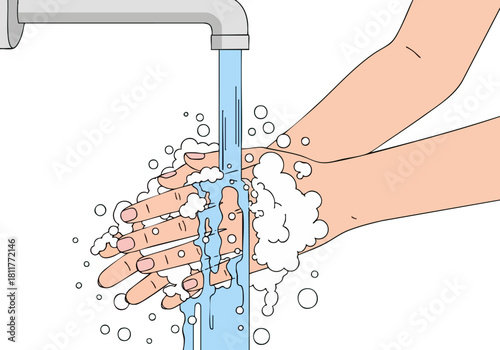 person washes hands under a running faucet with soap demonstrating proper hygiene Clean bright illustration with a focus on handwashing Ideal for health and wellness content