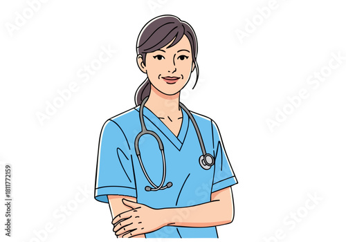 nurse with a stethoscope arms crossed conveying empathy -Nurse Listen Heart- text overlay Clean modern illustration style Suitable for healthcare wellness and support themes