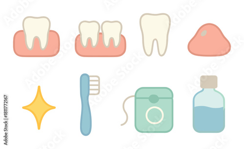 Dental icons: tooth care tools and health symbols with glowing effects