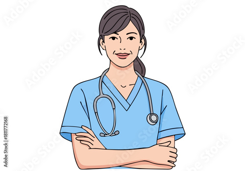 A professional Asian nurse, smiling and listening attentively, with crossed arms and a stethoscope.  ?Nurse Listen Heart? ? a compassionate healthcare image.