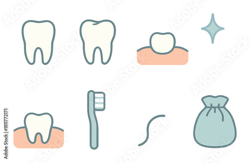 Dental care icons featuring teeth, toothbrush, floss, and mouthwash
