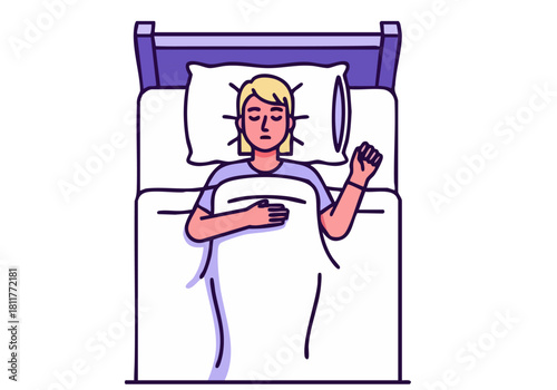 serene illustration depicts a  woman resting peacefully in bed promoting rest and recovery The design uses a soft purple background and a simple modern style -Rest Heal Strong- text overlay