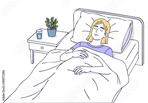 serene woman rests peacefully in bed promoting rest and healing Soft colors and a calming composition evoke feelings of strength and recovery Ideal for wellness and self-care themes