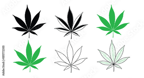 Set of six cannabis or marijuana leaf icons in various styles including silhouette green and line art illustrations.