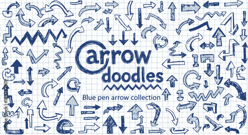 Mega Set of Hand Drawn Blue Pen Arrow Doodles Collection on Graph Paper Background Vector. isolated PNG with Transparent Background