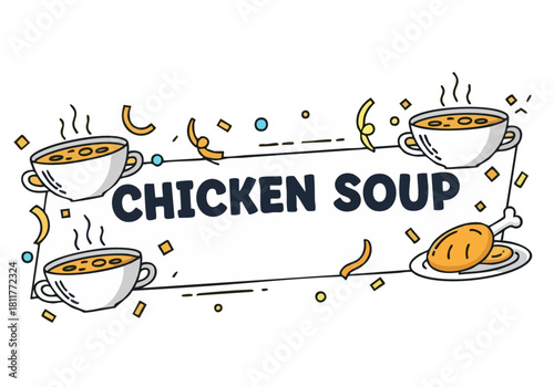 A vibrant banner design featuring chicken soup and related elements.  Appealing illustration with a 'Banner Day' theme. Perfect for food, restaurant, or promotional graphics.