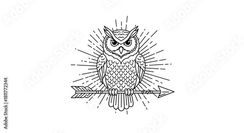 Black and white line art illustration of a wise owl perched on a horizontal arrow with radiant sunburst lines behind it.