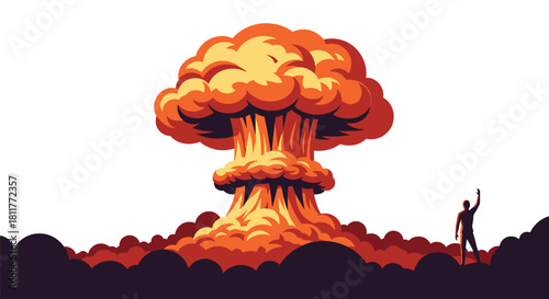 Stylized illustration of a person taking a selfie in front of a massive nuclear bomb explosion and mushroom cloud.
