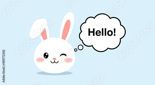 Adorable cute white bunny winking and smiling with a speech bubble that says hello on a simple light blue background.
