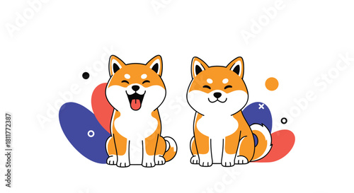 Two adorable shiba inu puppies sitting together with happy expressions against a white background with abstract shapes.