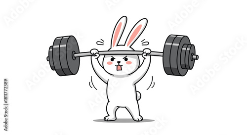 Funny cartoon illustration of a strong white rabbit character straining to lift a very heavy barbell during a workout.