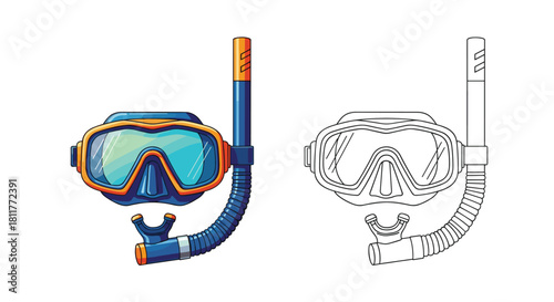 Colorful cartoon diving mask and snorkel set for swimming and snorkeling shown with a black and white outline version.