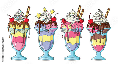 Colorful Cartoon Ice Cream Sundaes with Whipped Cream Cherries and Chocolate Syrup.