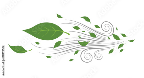 Swirling gust of wind blowing fresh green leaves across a white background in a dynamic and natural illustration.