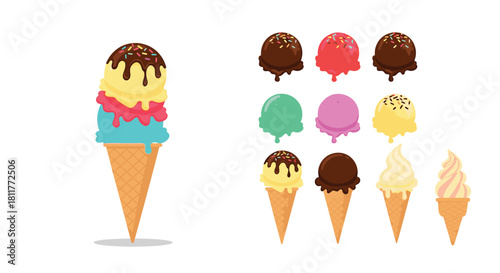 Colorful collection of various ice cream cones and scoops with different flavors and toppings like chocolate and sprinkles.