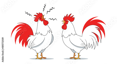 Two cartoon roosters crowing in the morning with one singing loudly to announce the sunrise on a farm illustration.