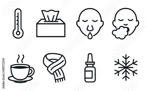 Cold season icons: thermometer, tissues, nasal drip, cough, hot drink, scarf, nasal spray, snowflake