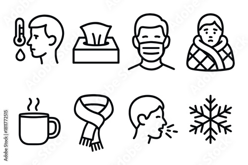 Winter cold and flu icons: mask, scarf, hot drink, thermometer, tissues, cough, snowflake