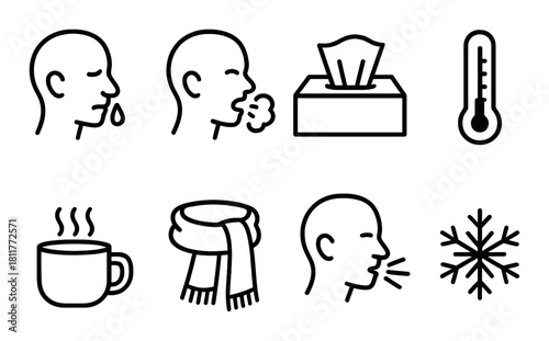Cold and flu icons: symptoms, remedies, and winter elements