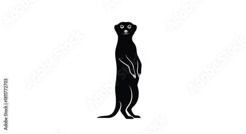Simple and elegant black silhouette of a meerkat standing alert and looking forward on a clean white background.