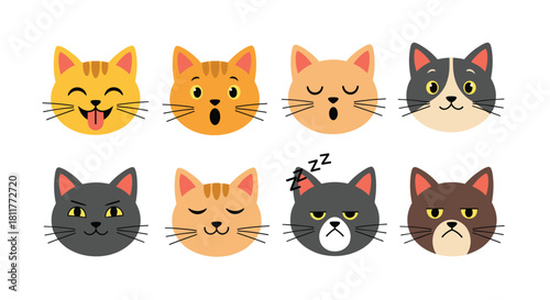 Collection of cute cartoon cat faces showing a variety of different emotions like happy sad angry and sleepy expressions.
