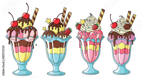 Colorful Ice Cream Sundaes with Cherries and Wafers in Glass Cups.