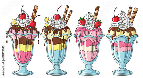 Colorful Sundaes with Whipped Cream Cherries and Wafers.