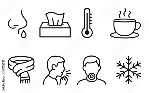 Cold symptoms icons: nose, tissue, thermometer, tea, scarf, cough, throat, snowflake