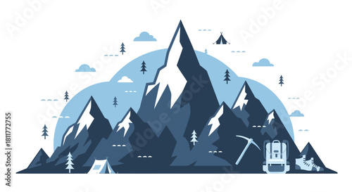 Mountain Range Landscape with Camping Gear and Hiking Equipment Illustration