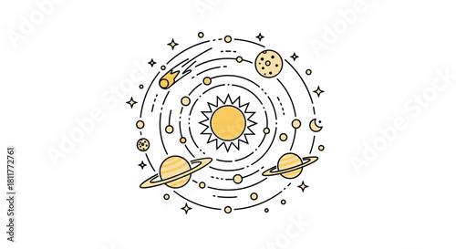 Minimalist line art illustration of the solar system with the sun planets and orbits on a clean white background.