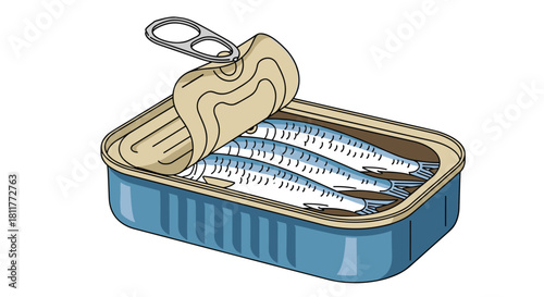 Cartoon illustration of an opened tin can of sardines packed in oil isolated on a clean white background.