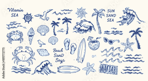 Hand Drawn Doodle Style Summer Beach Icon Set with Waves, Palm Trees, Shells, and Crabs. isolated PNG with Transparent Background