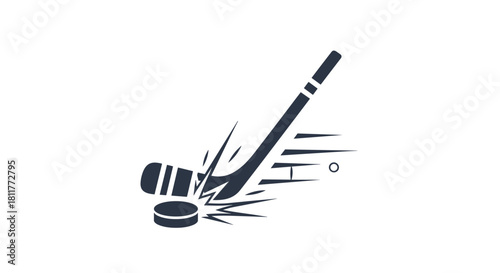 Dynamic black silhouette icon of an ice hockey stick hitting a puck with speed and motion effects on white background.