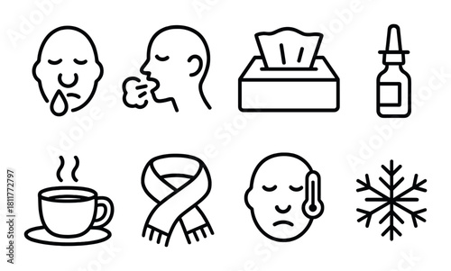 Cold and flu season icons: coughing, sneezing, tissues, and winter essentials
