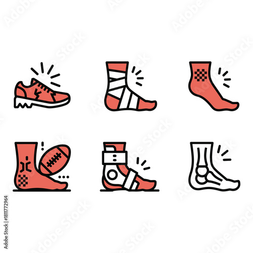 Collection of foot and ankle injury icons for sports medicine and healthcare